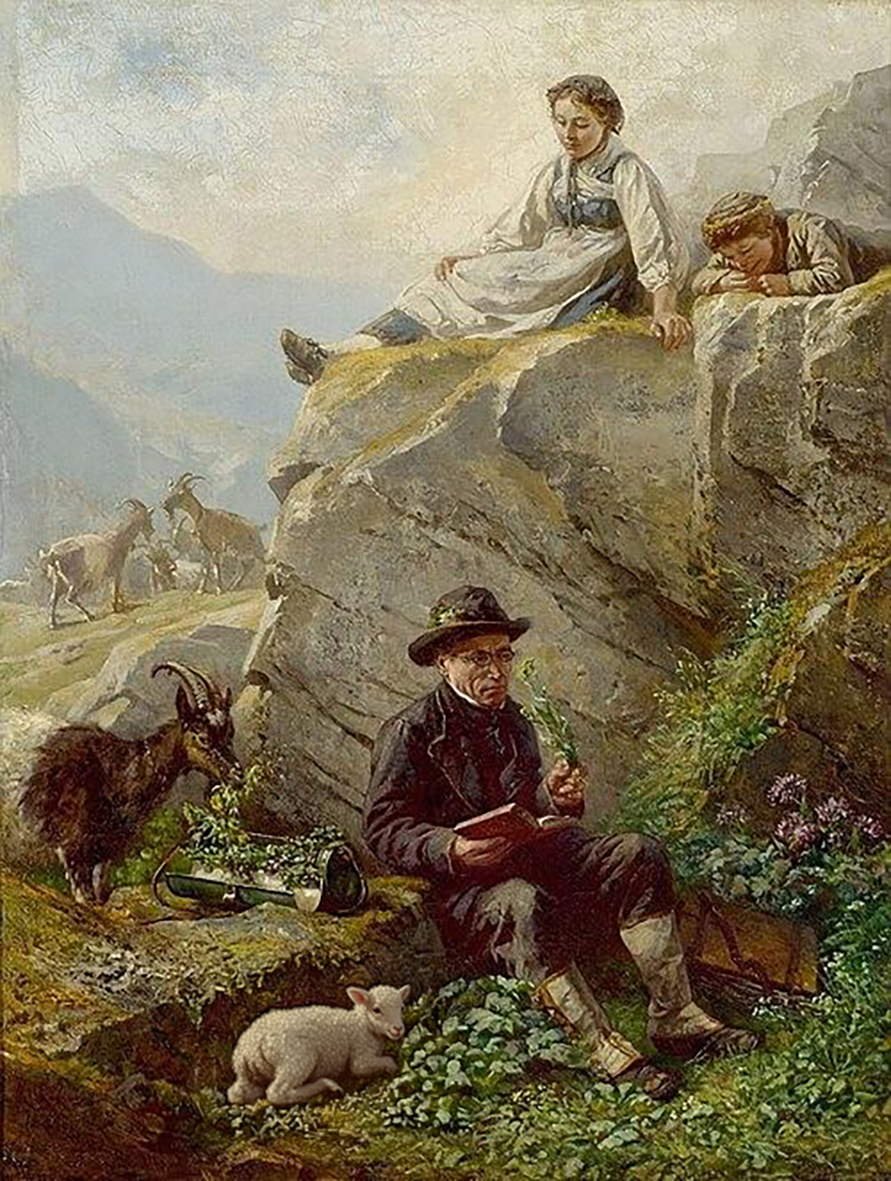 Botanist identifying a plant with two kids observing